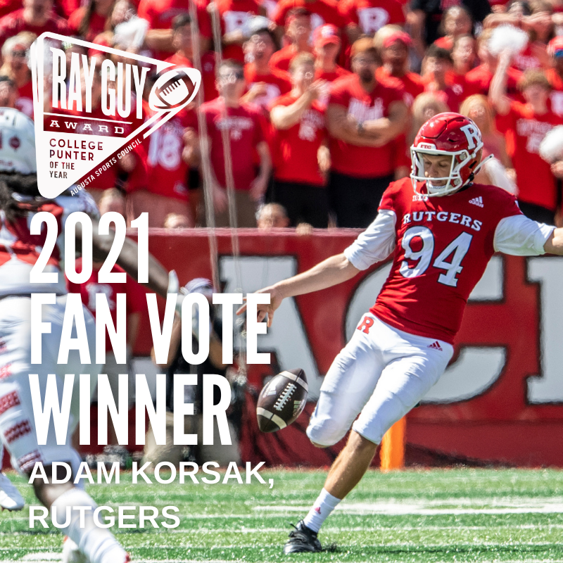 RayGuyAward's tweet photo. Our 2021 Fan Vote Winner is Adam Korsak of Rutgers! Tune into ESPN tomorrow night to see who #OURGUY is for 2021!
#RayGuyAward #OURGUYS https://t.co/DGSgpugW2U