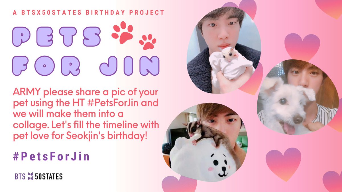 BTSx50States's tweet photo. #BTSARMY, we are still collecting #PetsForJin! 😊

If you haven't already, please help us celebrate our Worldwide Handsome's birthday this year by sharing a picture of your fur babies 💜 

More details 🔽

@BTS_twt #BTS https://t.co/TyuAmThC6P