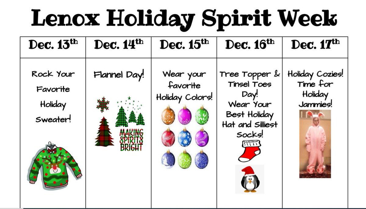 LenoxSchoolPL's tweet photo. Spirit Week Next Week!  See below! #PomptonPride #LenoxLearns #SpiritWeek https://t.co/V6azkLmjzr