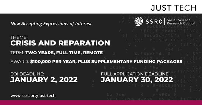ssrc_org's tweet image. Tomorrow at 10 a.m. ET, the SSRC is hosting a public info session featuring an overview of the #JustTech Fellowship and Q&amp;amp;A for prospective applicants. Register to learn about the $100K+ fellowships funding research on technology and social justice. ow.ly/3IeK50H6c2j