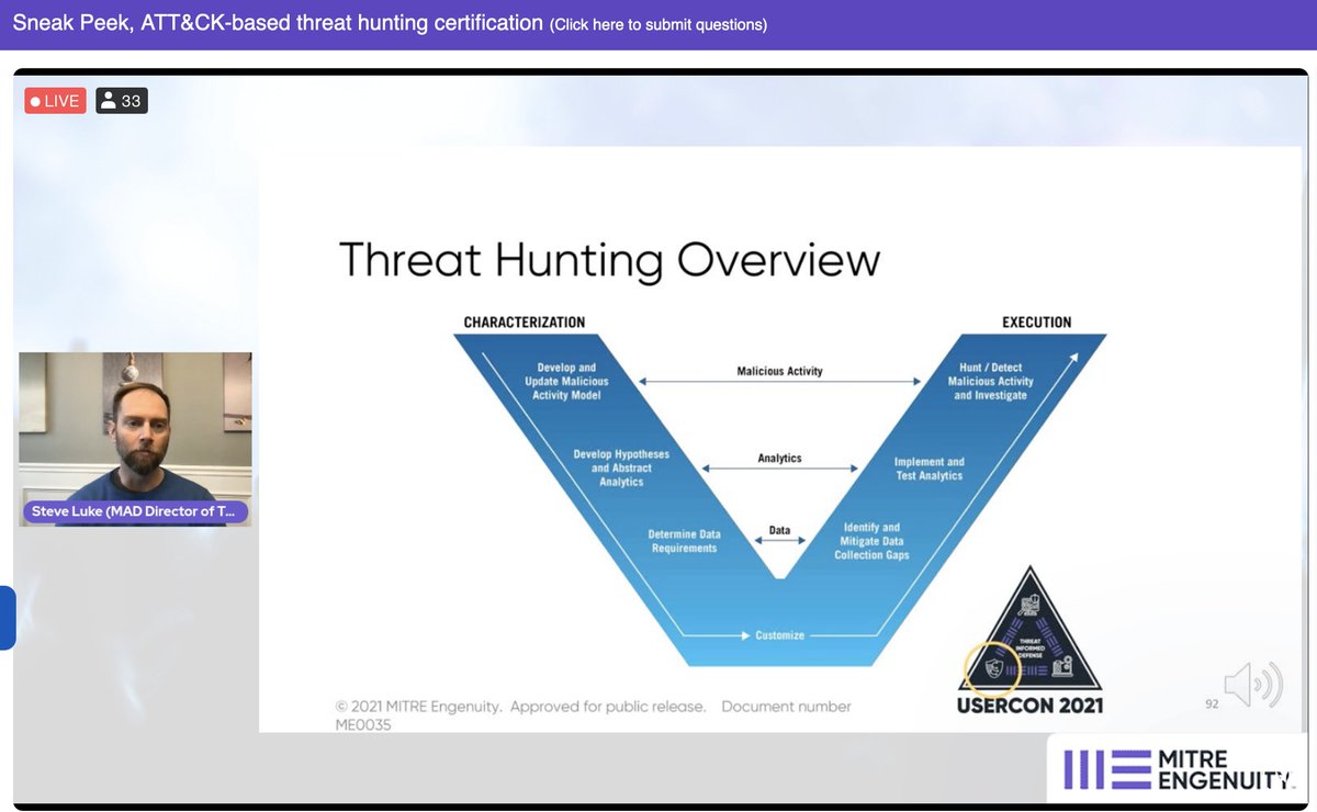 MITREattackDef's tweet photo. Now at the #TIDUSERCON you'll get the first-ever sneak peek into MITRE ATT&amp;CK Defender's future @MITREattack-based Threat Hunting training and certification program launching in 2022! https://t.co/K6r8P9G6hC https://t.co/B9QCWNDems