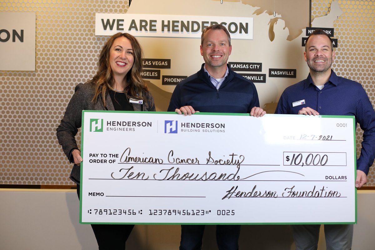 We recently had the pleasure of hosting representatives from @ACS_KansasCity at our headquarters for a check presentation ceremony. It was a great honor to contribute toward their mission to free the world from cancer. 👉cancer.org/involved

#HendersonCares #GiveBack