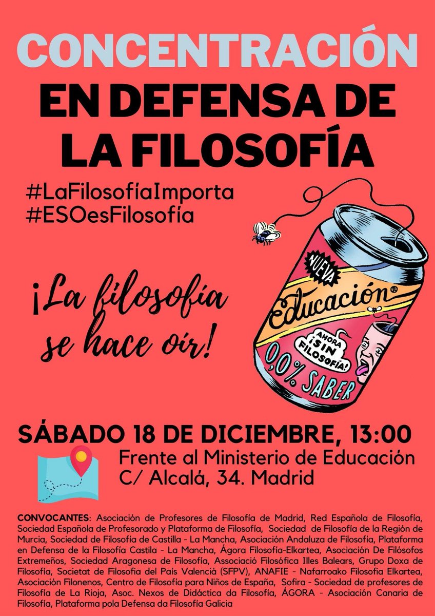 DfensaFilosofia's tweet photo. Quedan 10 días para la Concentración en Defensa de la Filosofía convocada por decenas de colectivos de todo el país. Será punto de encuentro para quienes llevamos meses reivindicando que la Filosofía vuelva al currículo de secundaria. Necesitamos tu apoyo, difusión y asistencia🦉 https://t.co/SElagoHOHx