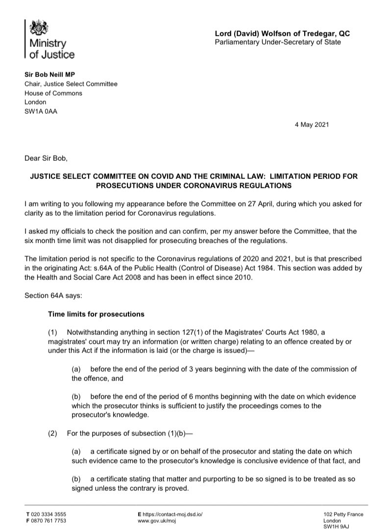 BarristerSecret's tweet photo. Well how interesting.
Justice Minister @DXWQC wrote to the Justice Committee on 4 May 2021, clarifying the limitation period for prosecutions under the Coronavirus Regulations.
Certainly it doesn’t appear that the government was against “retrospective” police investigations… https://t.co/9TV0IjArJH