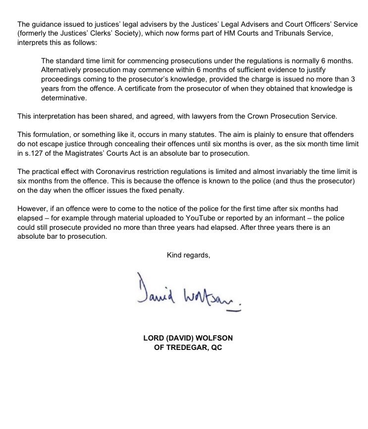 BarristerSecret's tweet photo. Well how interesting.
Justice Minister @DXWQC wrote to the Justice Committee on 4 May 2021, clarifying the limitation period for prosecutions under the Coronavirus Regulations.
Certainly it doesn’t appear that the government was against “retrospective” police investigations… https://t.co/9TV0IjArJH