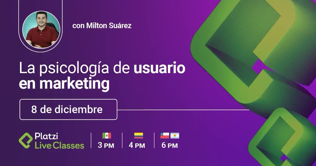 platzi's tweet image. 🔴 Hoy LIVE CLASS con #PlatziMarketing

En esta sesión @Miltonsuarezs te contará los secretos de la psicología que las grandes marcas aplican en sus campañas y estrategias... ¡Y cómo puedes usarlos en tu negocio! 🚀

¡Únete! 👇
platzi.com/l/marketing_li…
⏲️ Inicia en media hora