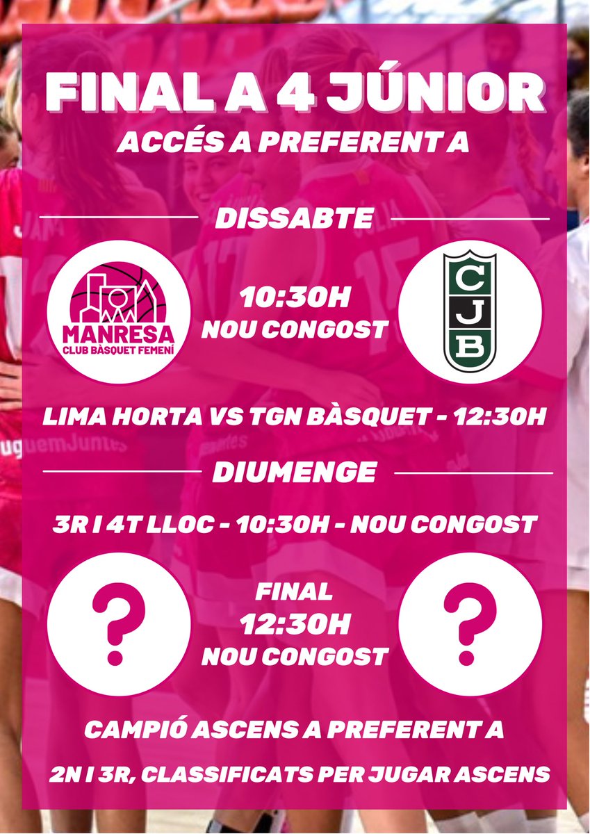 📢AQUEST CAP DE SETMANA TENS UNA CITA AMB EL BÀSQUET🏀🙌🏻

➡️ Final a 4 Júnior!

📍Dissabte i diumenge al pavelló del Nou Congost

📄El nostre Júnior U18 hi serà present i intentarà aconseguir el bitllet a Preferent A. 

T’HI ESPEREM⚡️

#JuguemJuntes