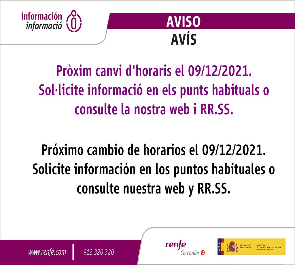CercaniasVLC's tweet photo. #INFO

🚆Desde mañana día 9 de diciembre se establecen nuevos horarios para el núcleo de Cercanías València. 

🚆Des de demà dia 9 de desembre s'estableixen nous horaris per al nucli de Cercanías València. https://t.co/TEAkxR5TJz