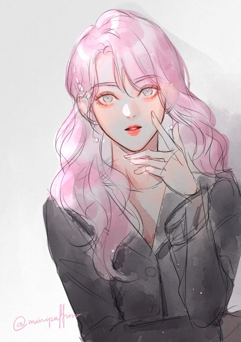 1girl solo pink hair long hair looking at viewer jacket black jacket  illustration images