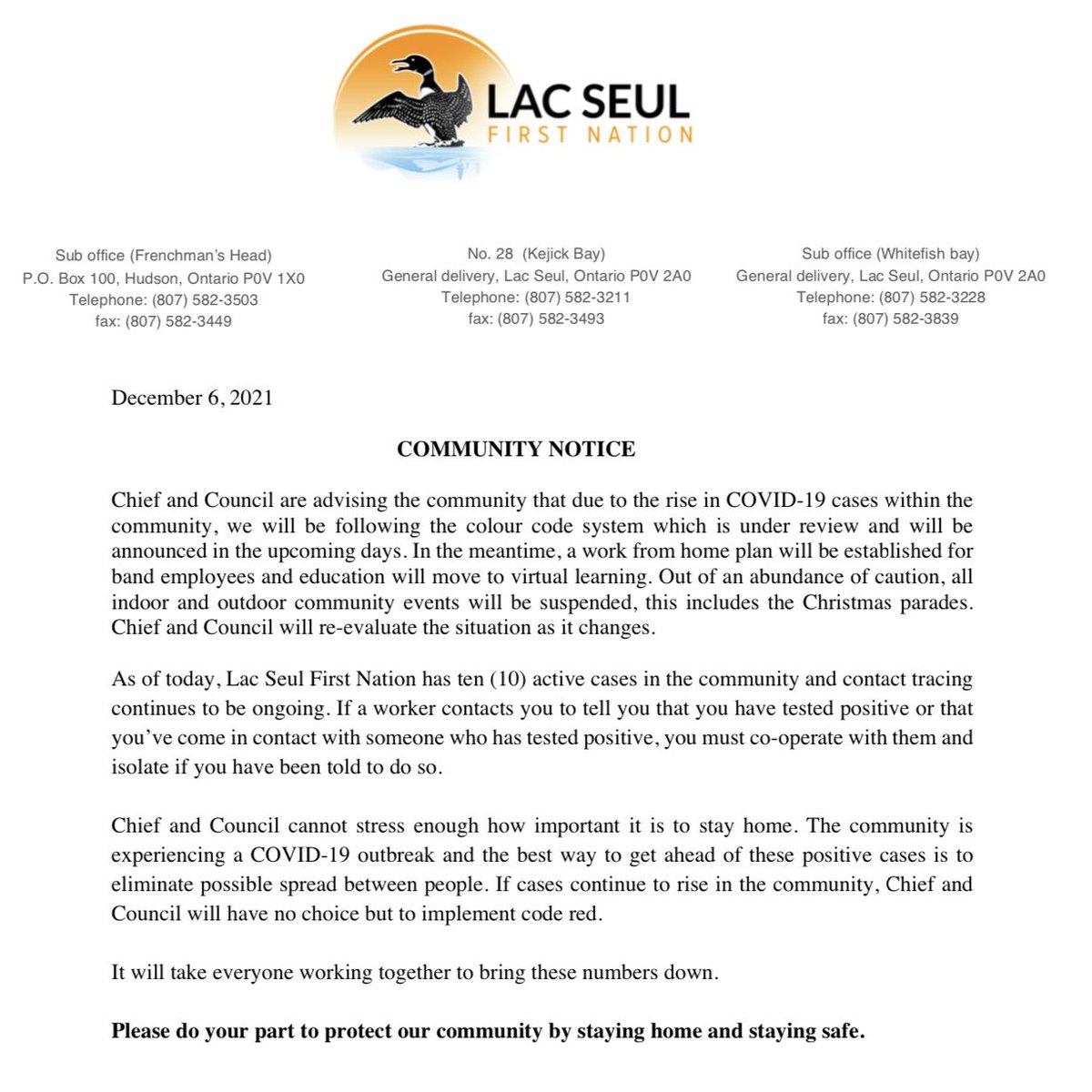 Lac Seul is now in code orange in response to the growing number of COVID-19 cases in the community. Please join the official Lac Seul First Nation Facebook page for more information!