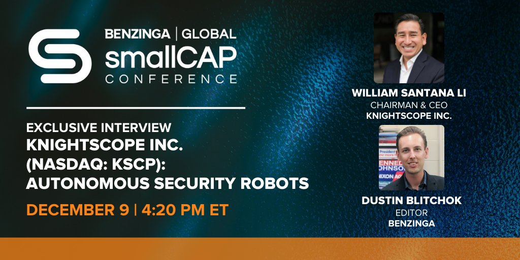 Benzinga's tweet image. LISTEN UP — @iKnightscope will be joining us LIVE TOMORROW at Day 2 of the Benzinga Global Small Cap Conference! Be sure to tune into the livestream to catch this EXCLUSIVE interview from this American security robot company hubs.ly/Q010w7NR0 #BZSmallCap #stocks #trading