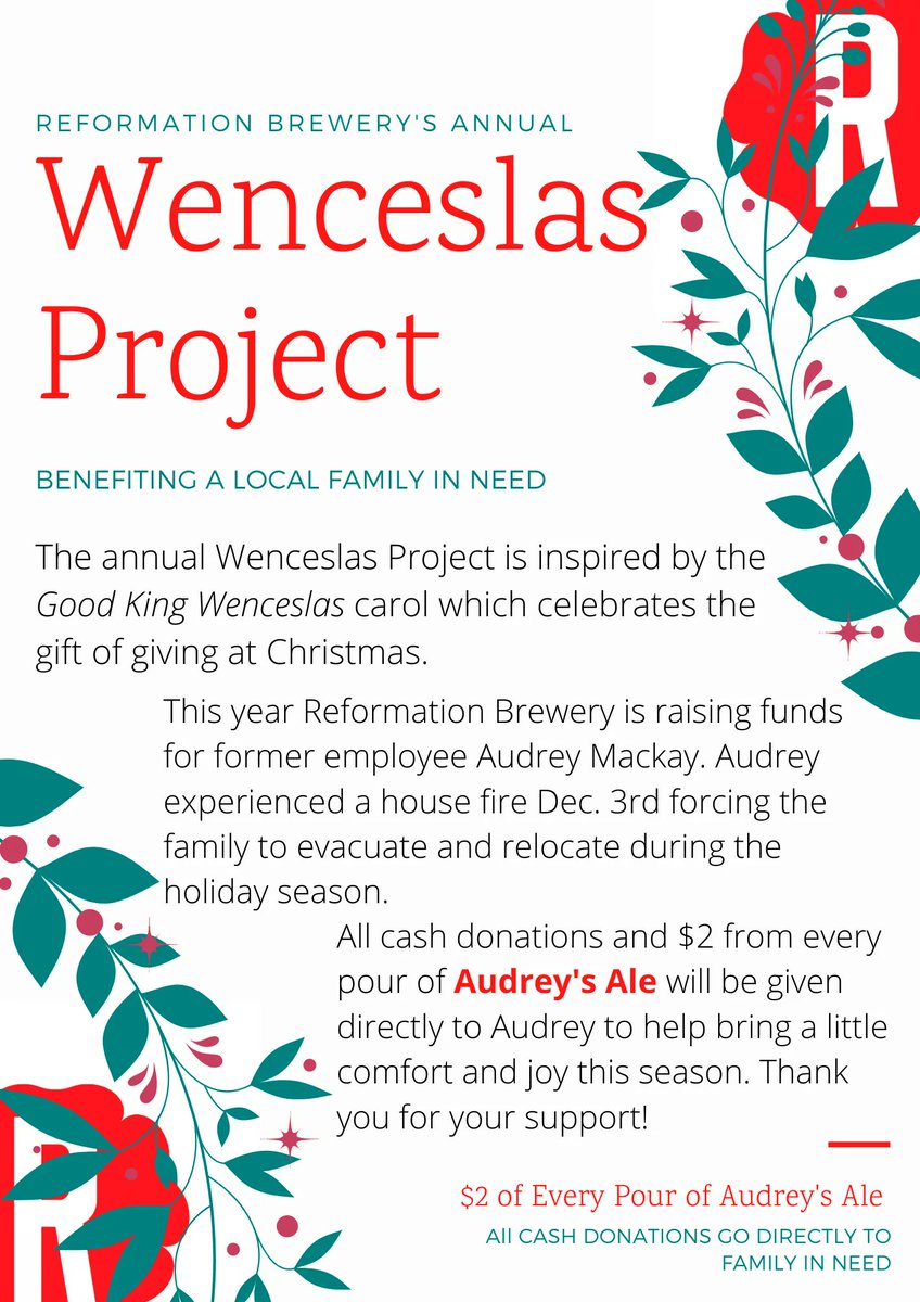 ReformationBrew's tweet photo. Starting this Friday, we will be supporting a local family and former crewmember in need this Christmas. Come hang out with us at any taproom, have an Audrey's Ale, and join in on the Christmas cheer.
#setbeerfree
#northgamade
#reformationbrewery https://t.co/jTFwgummYC