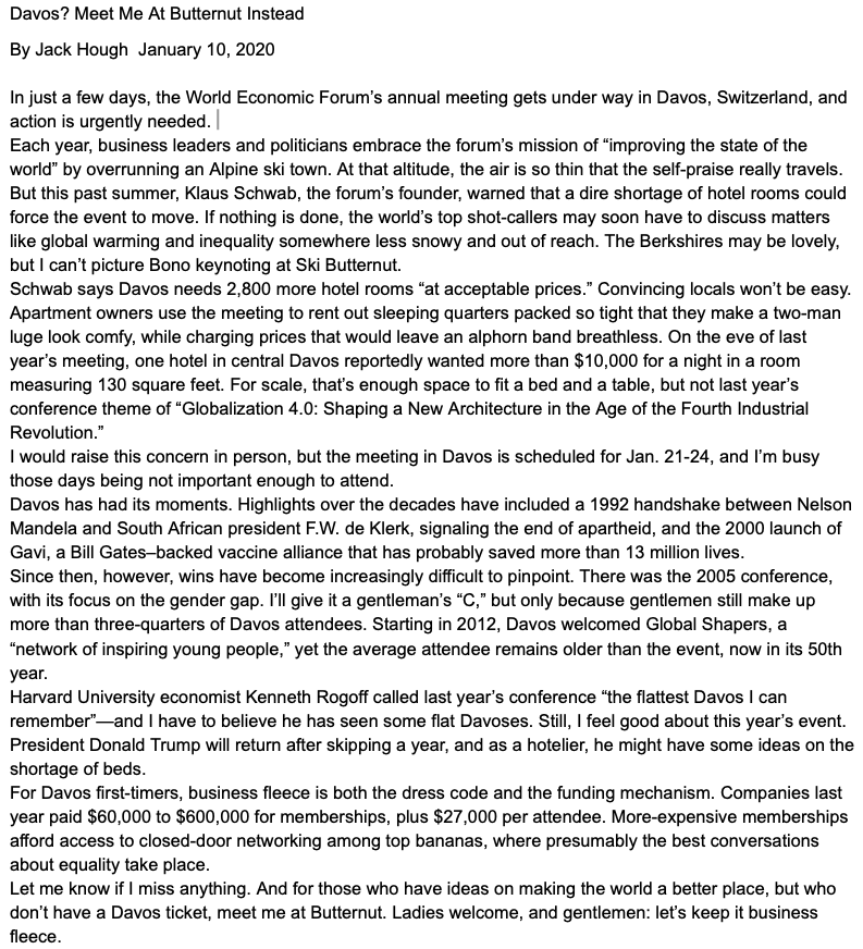 jackhough's tweet photo. Hot diggity! I've won The National Press Club's Angele Gingras Humor Award. Thank you @PressClubDC and Barron's. Among the columns mentioned was one on Davos from early last year. Excerpt: https://t.co/KQ6ZclTLL3