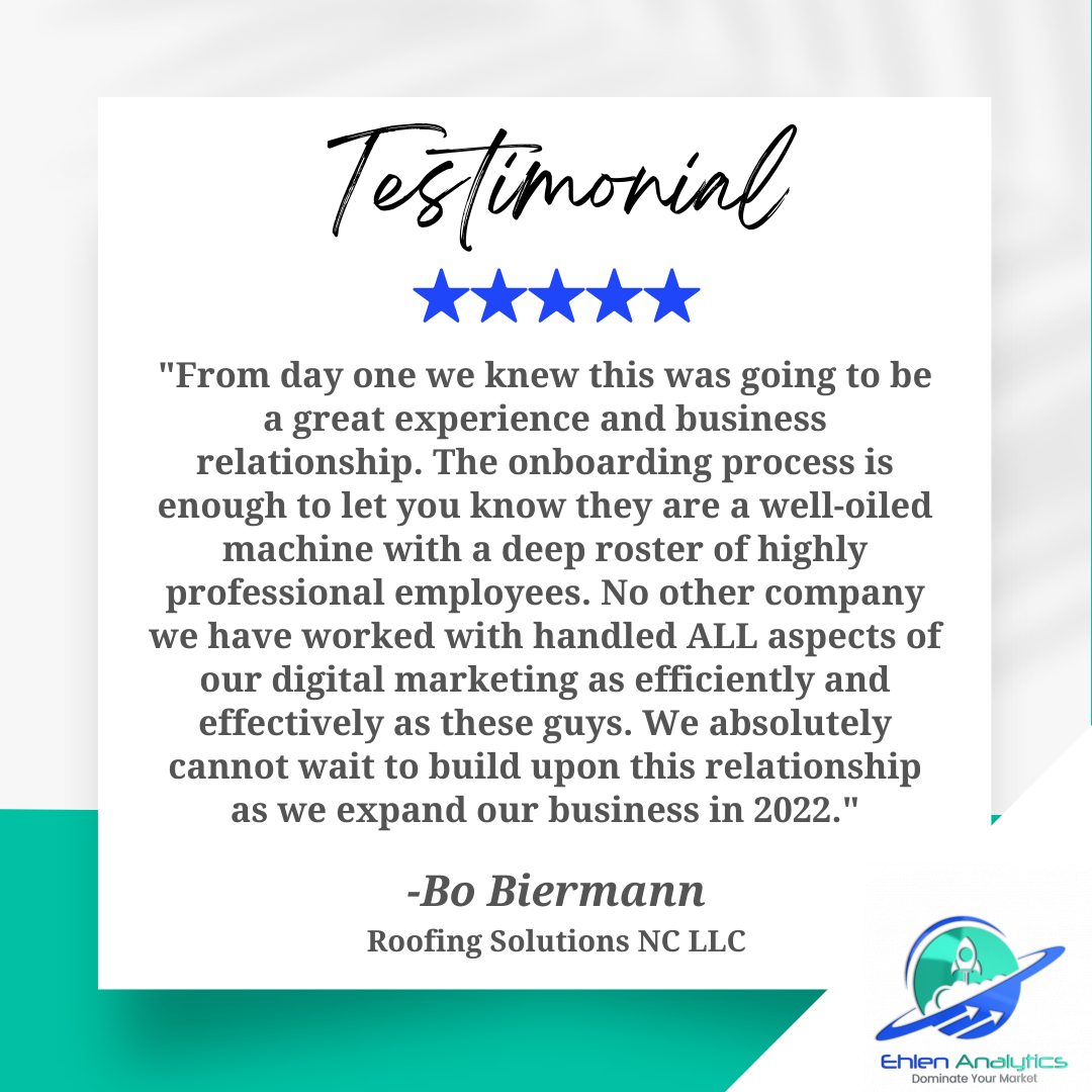 EhlenAnalytics's tweet photo. Shoutout to Bo at Roofing Solutions NC for this awesome review! 🤩

Nothing makes us happier than when our digital marketing strategies pay off and help our clients prosper! 🙌

How can we help you Dominate Your Market? 🚀

#EhlenAnalytics #DigitalMarketing #DominateYourMarket https://t.co/Gutp9K4kkq