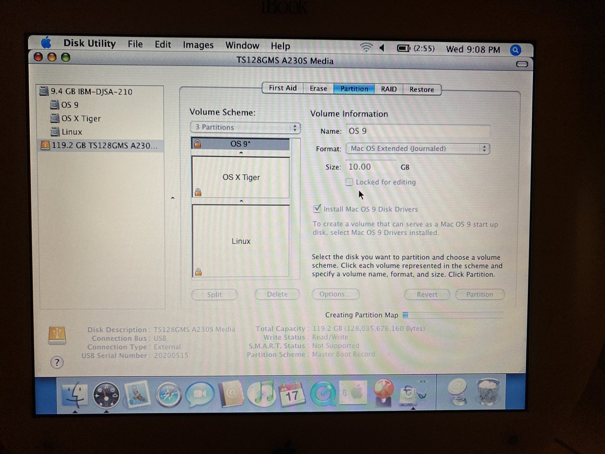 bjornbergstroem's tweet photo. Tried connecting the now initialized mSATA ssd to my iBook #Clamshell via the USB<->IDE/SATA adapter, and it showed up on the desktop directly. Prepped it by partitioning for target OS installations. Not sure how easily it may triple boot with #Linux though. https://t.co/WR0MBLu6hD