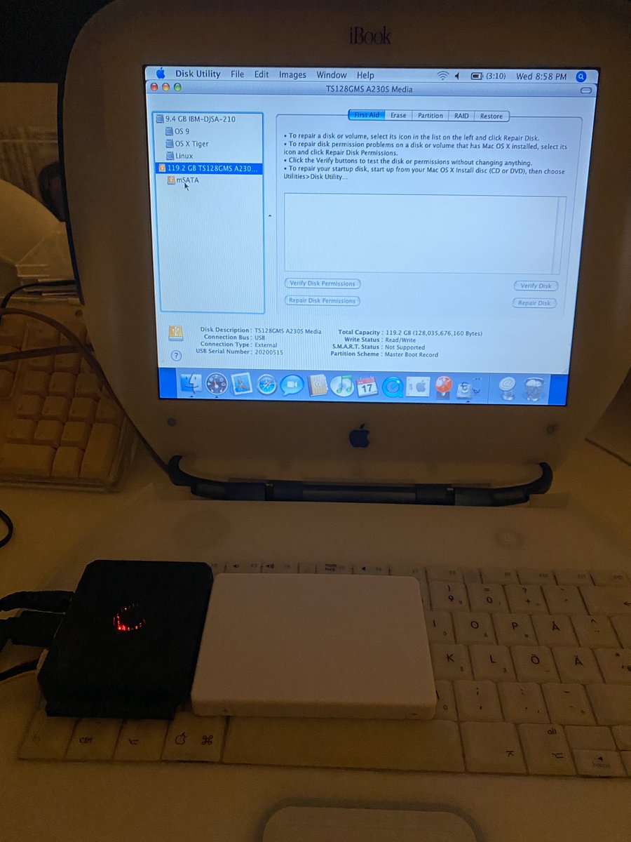 bjornbergstroem's tweet photo. Tried connecting the now initialized mSATA ssd to my iBook #Clamshell via the USB<->IDE/SATA adapter, and it showed up on the desktop directly. Prepped it by partitioning for target OS installations. Not sure how easily it may triple boot with #Linux though. https://t.co/WR0MBLu6hD