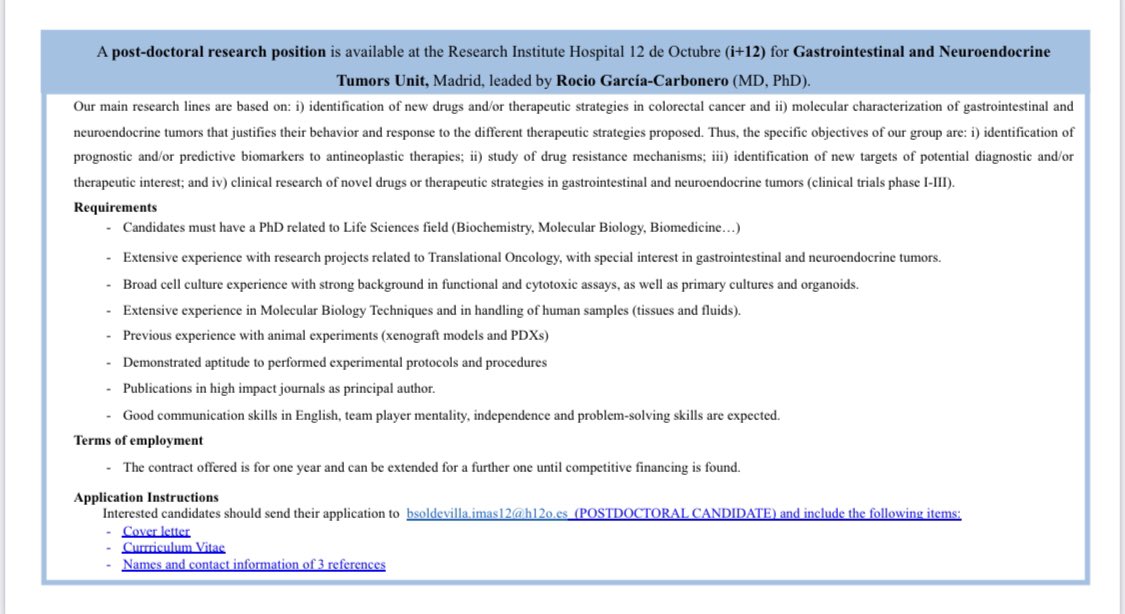 Soldevilla_Bea's tweet photo. Garcia-Carbonero Lab offers a post-doctoral research position at the Gastrointestinal and Neuroendocrine Tumors Unit (i+12). Join us!!! https://t.co/FBcThgZ4qd