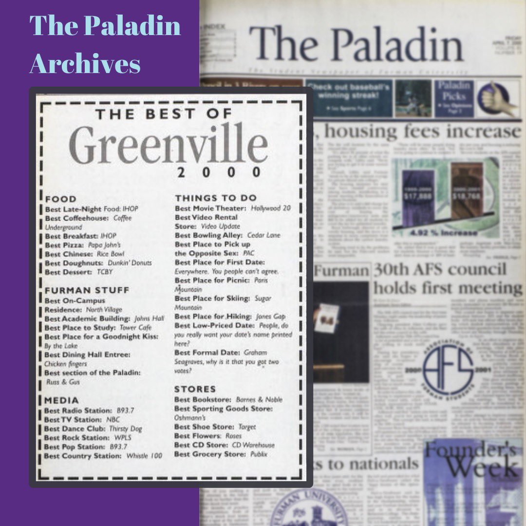 Taking it back to 2000! This issue of The Paladin featured the Best of Greenville voted on by Furman students. Remember these places alumni? Some of these picks can still be considered current favorites! #archives
