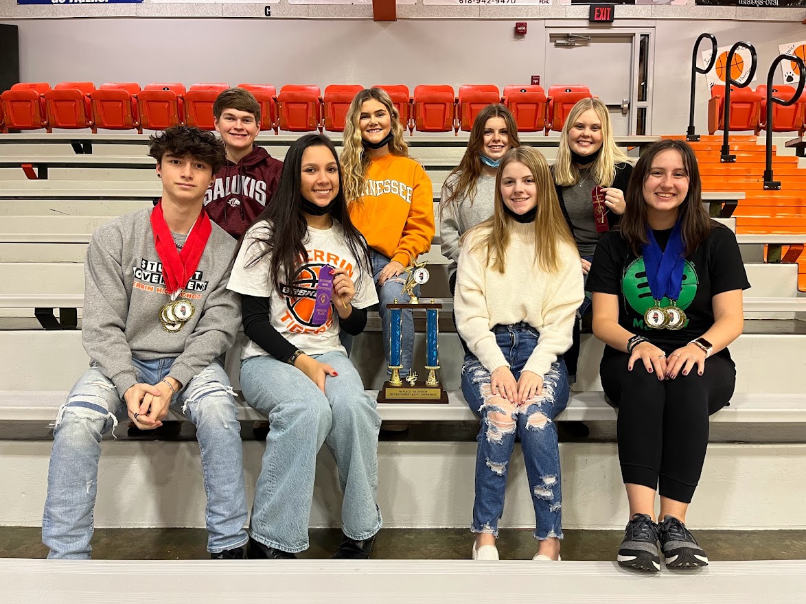 herrin_high's tweet photo. The senior math team placed first each of the four weeks of the contest, led by Logan Nitzsche, who earned three 2nds and one 3rd place medal, and Alyssa Stallman, who won the 1st place medal all four weeks.  #herrintigerpride https://t.co/0smpWO1h3M