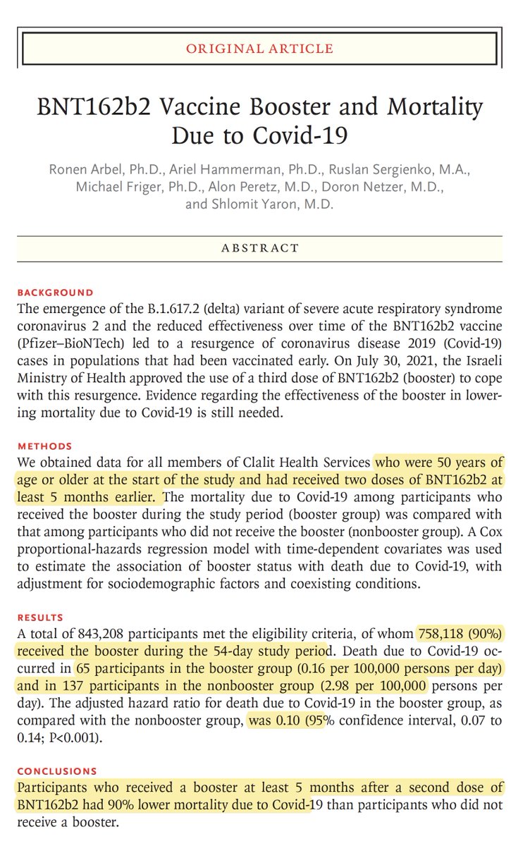Just published <a href="/NEJM/">NEJM</a> 
A striking 90% reduction in death for booster shots (vs not receiving the 3rd shot) among over 840,000 people, age 50 or older
nejm.org/doi/full/10.10…