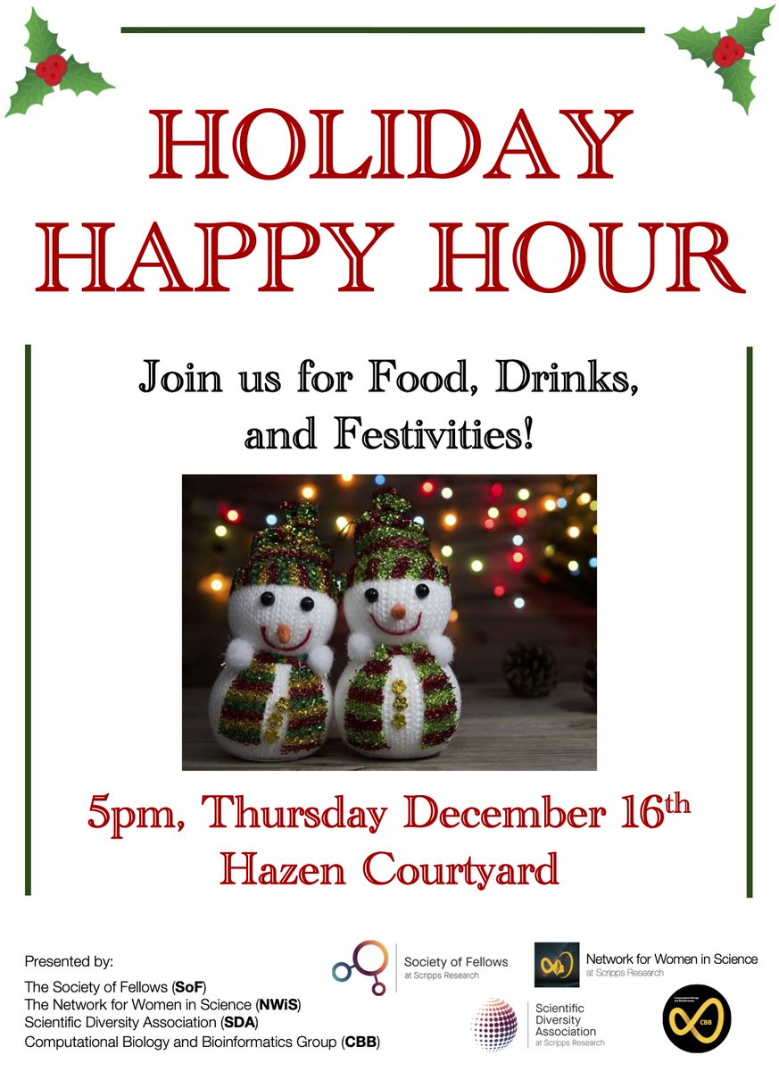 Network for Women in Science at Scripps Research (@scrippsnwis) on Twitter photo Celebrate the holidays with <a href="/ScrippsNWiS/">Network for Women in Science at Scripps Research</a> next Thursday (12/16) @ 5pm in Hazen Courtyard🎄
Ugly Christmas sweaters encouraged 🎅... prize awarded to the best one!
Co-hosted with <a href="/TRSI_SoF/">TSRI SoF</a> <a href="/ScrippsSda/">Scripps Research Scientific Diversity Association</a> and #ScrippsCBB Celebrate the holidays with <a href="/ScrippsNWiS/">Network for Women in Science at Scripps Research</a> next Thursday (12/16) @ 5pm in Hazen Courtyard🎄
Ugly Christmas sweaters encouraged 🎅... prize awarded to the best one!
Co-hosted with <a href="/TRSI_SoF/">TSRI SoF</a> <a href="/ScrippsSda/">Scripps Research Scientific Diversity Association</a> and #ScrippsCBB