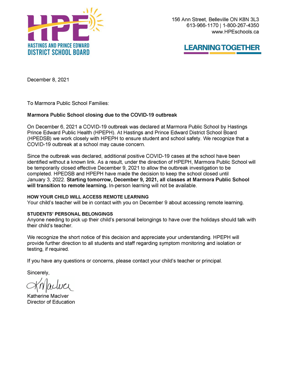 HPEschools's tweet photo. Notice to @MarmoraPublic families: Marmora PS is closing temporarily due to COVID-19 outbreak, effective December 9, 2021 until January 3, 2022. Read more in the letter from Director of Education Katherine MacIver. Student/staff safety is the priority. TY for your understanding https://t.co/0gKtZtPQcl