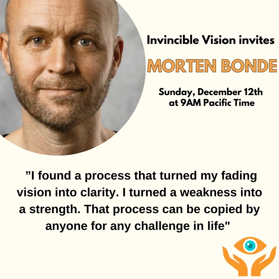 Invisionbcd's tweet photo. Get inspired and motivated this Sunday at 9am PST by attending our FREE event where @morten_bonde will give his talk. Event details and sign up link can be found here: https://t.co/gD1fccfvk4

#blindness #blind #raredisease #motivation #biettis #retinitis #InvincibleVision https://t.co/ZkdevEsgGu
