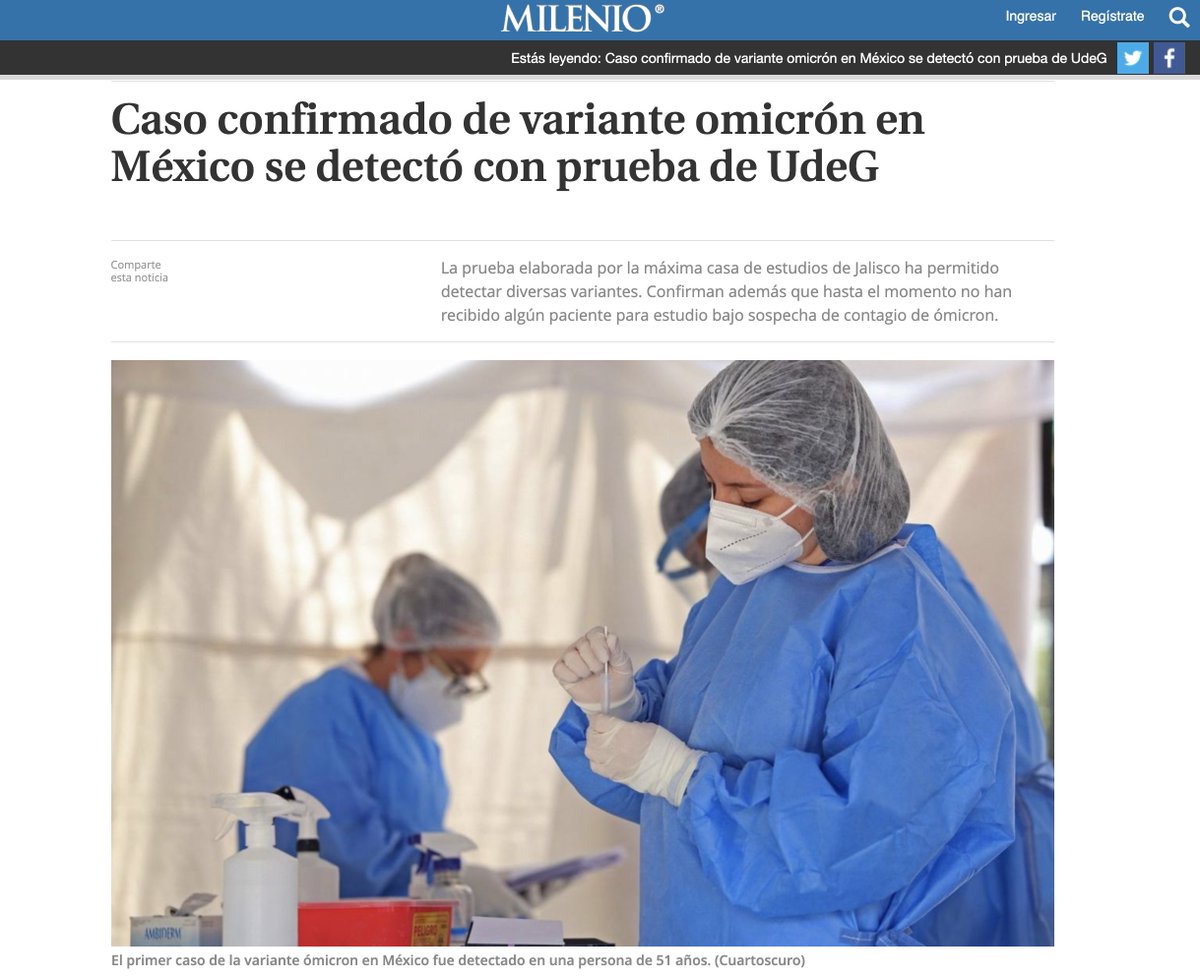 Gracias a la efectividad del kit para detectar mutaciones de #COVID-19, desarrollado por nuestra la <a href="/udg_oficial/">Universidad de Guadalajara</a> y #Genes2Life, se localizó el primer caso de la variante #Ómicron en México.

Nota completa en <a href="/Milenio/">Milenio</a>:🗒️bit.ly/3y7j5WE