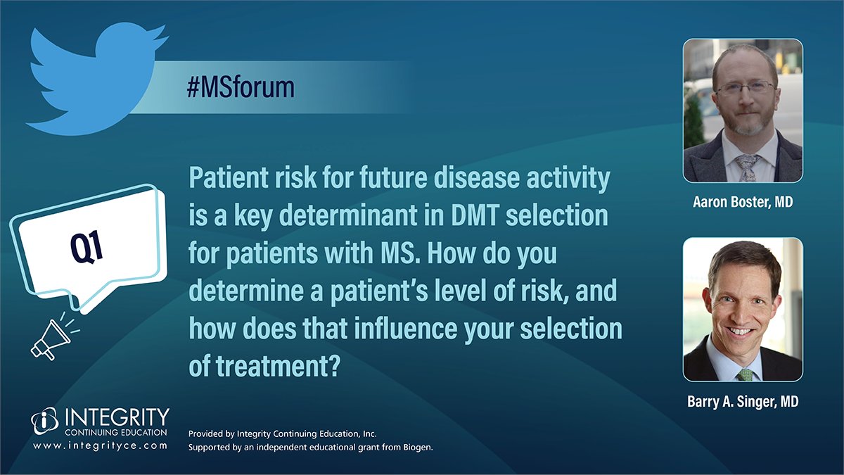 AaronBosterMD's tweet photo. Let’s get started!
Q1: Patient risk for future disease activity is a key determinant in DMT selection for patients w/ #MS. How do you determine a patient’s level of risk &amp; how does that then influence your selection of treatment? #MSforum https://t.co/XWiS0kNNj5