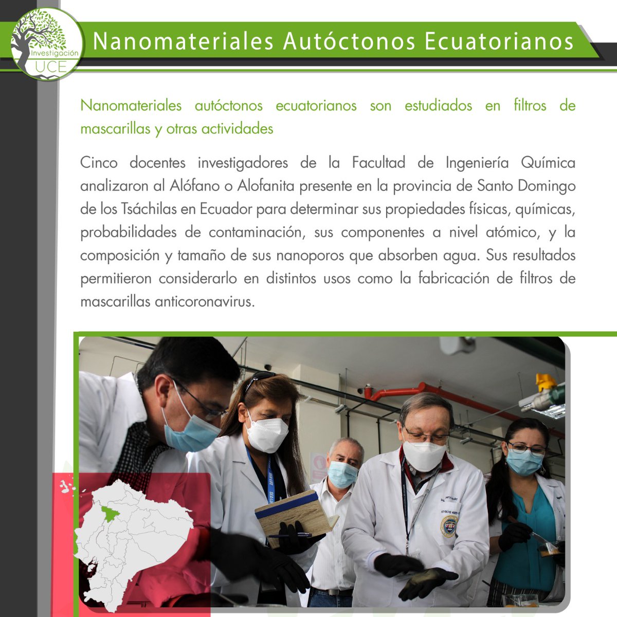 InvestigaUCE's tweet photo. #InvestigaciónEnSíntesis 🥸
#Alófano/ Conoce el nanomaterial autóctono ecuatoriano investigado por 5 docentes, sus resultados permitieron la fabricación de filtros de mascarillas anticoronavirus con mayor efectividad.
✅Artículo completo 👉 https://t.co/LwcPAEgFwK https://t.co/ZMpv3PNboI