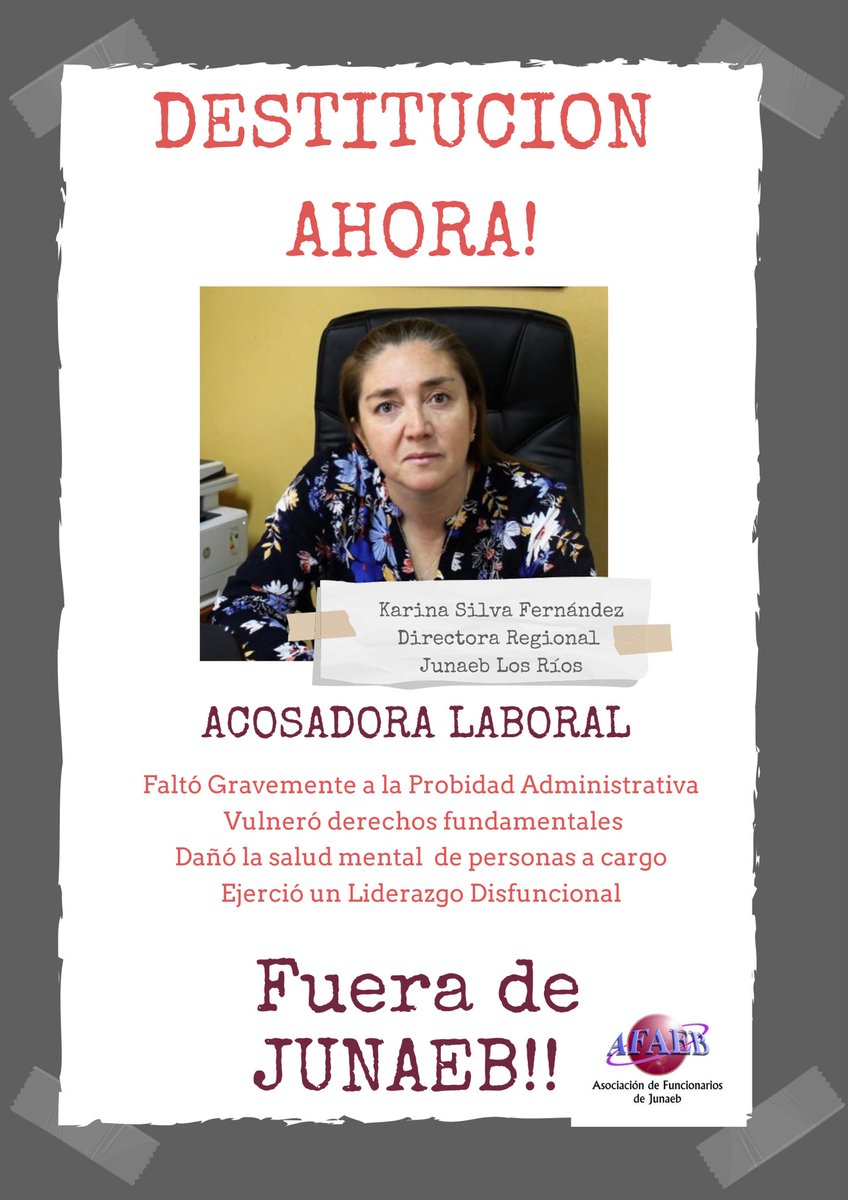AFAEB #JunaebNoSeVende (@afaebnac) on Twitter photo Xq no aceptamos la violencia, no permitiremos q <a href="/KarinaSilvaFer/">Karina Silva</a> vuelva a instalarse para seguir acosando y dañando a nuestrxs compañerxs en Los Ríos.
Se sancionó x acoso en sumario interno y ahora pretende retomar la Dirección!
#AlertaMáxima
#BastaDeProteccion
#FueraKarinaSilva Xq no aceptamos la violencia, no permitiremos q <a href="/KarinaSilvaFer/">Karina Silva</a> vuelva a instalarse para seguir acosando y dañando a nuestrxs compañerxs en Los Ríos.
Se sancionó x acoso en sumario interno y ahora pretende retomar la Dirección!
#AlertaMáxima
#BastaDeProteccion
#FueraKarinaSilva