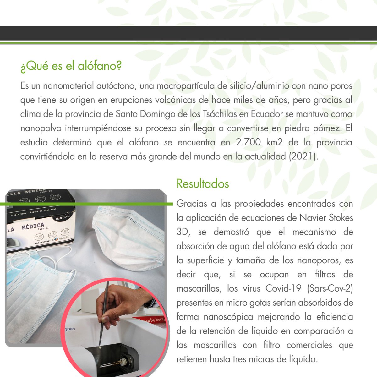InvestigaUCE's tweet photo. #InvestigaciónEnSíntesis 🥸
#Alófano/ Conoce el nanomaterial autóctono ecuatoriano investigado por 5 docentes, sus resultados permitieron la fabricación de filtros de mascarillas anticoronavirus con mayor efectividad.
✅Artículo completo 👉 https://t.co/LwcPAEgFwK https://t.co/ZMpv3PNboI