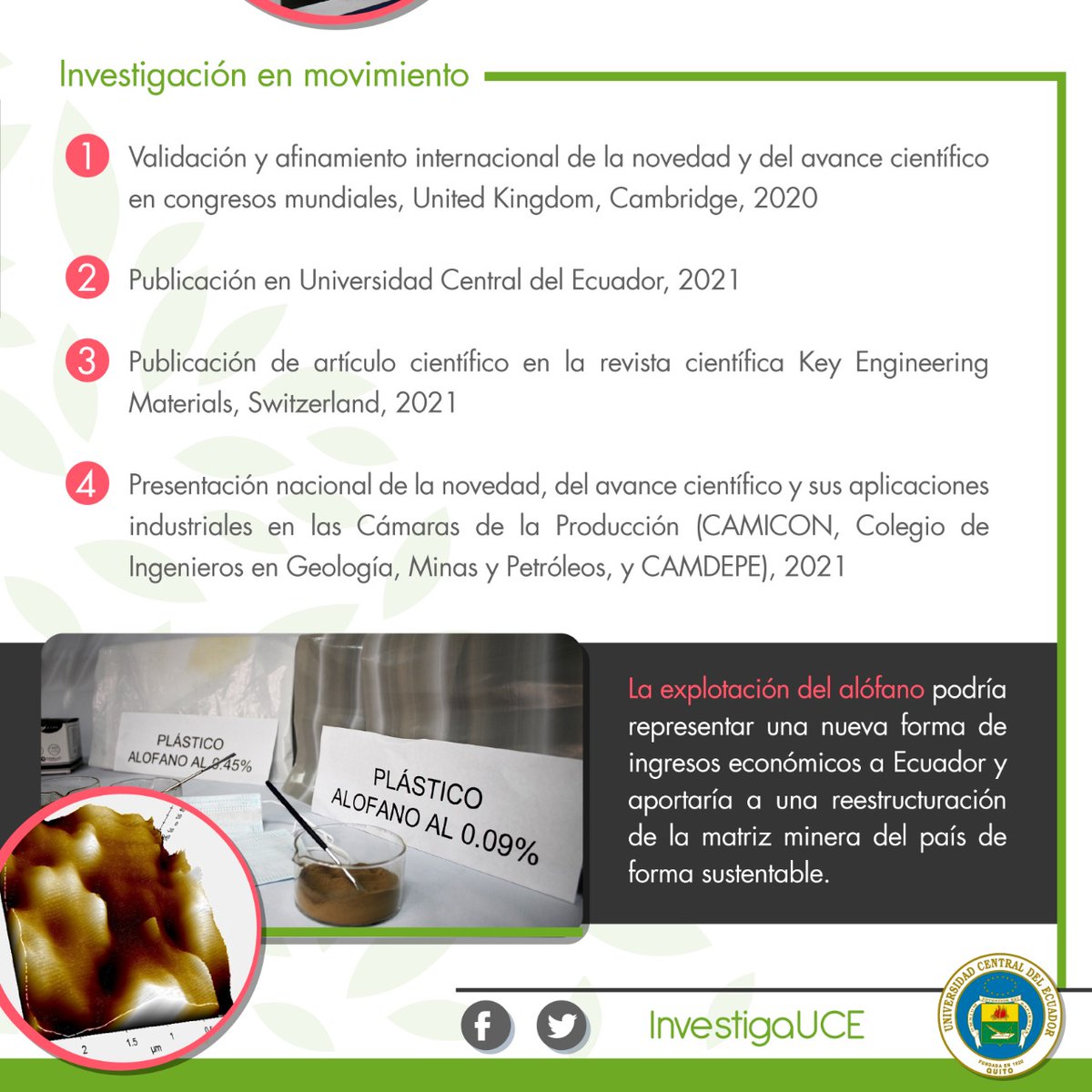 #InvestigaciónEnSíntesis 🥸
#Alófano/ Conoce el nanomaterial autóctono ecuatoriano investigado por 5 docentes, sus resultados permitieron la fabricación de filtros de mascarillas anticoronavirus con mayor efectividad.
✅Artículo completo 👉 scientific.net/KEM.878.62