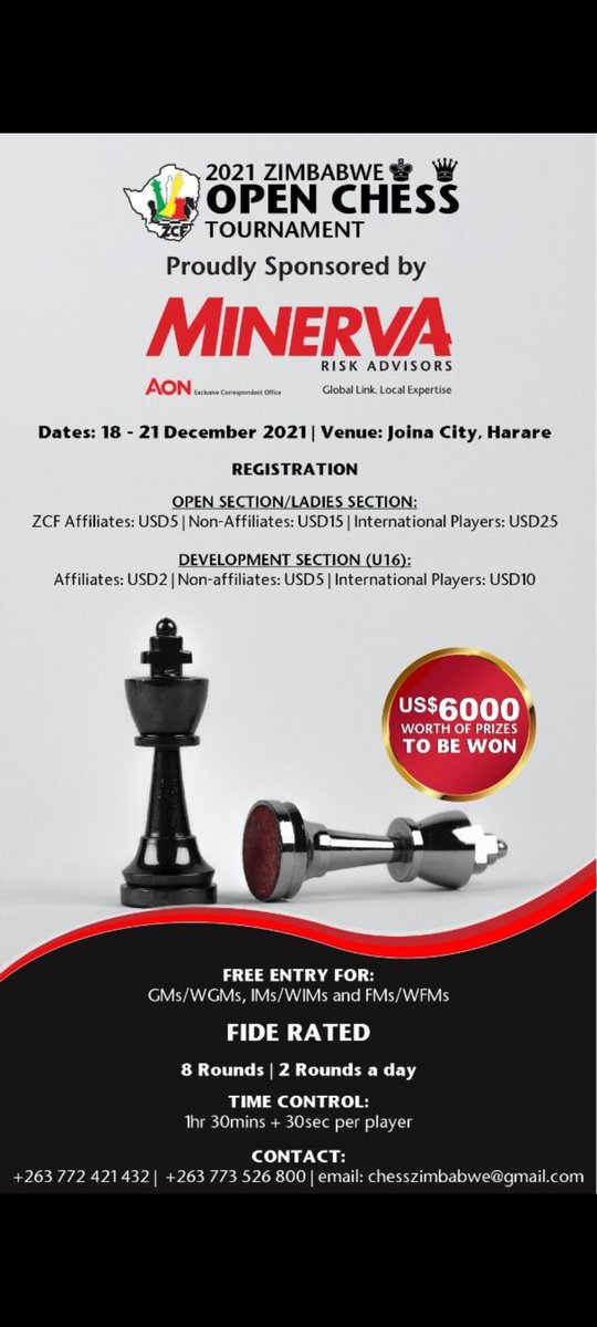 ChessZimbabwe's tweet photo. The Zimbabwe International Chess Open comes to life on 18 December 2021. It will be held at @JoinaCityZW. 🏆 

Over USD $6000.00 prizes to be won! 

Special thanks to our anchor Sponsor @MinervaRiskZim 

@FIDE_chess @ZimbabweSrc @Moyo_Sahayi @AfricaChessConf @MasoleVincent https://t.co/wuEgPFjtMT