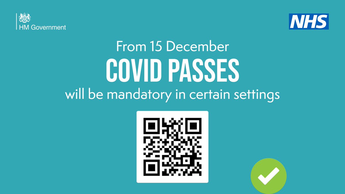 From 15 December: 📱 you will need to show your NHS COVID Pass to enter places where large crowds gather, like nightclubs or large sporting events gov.uk/government/new…