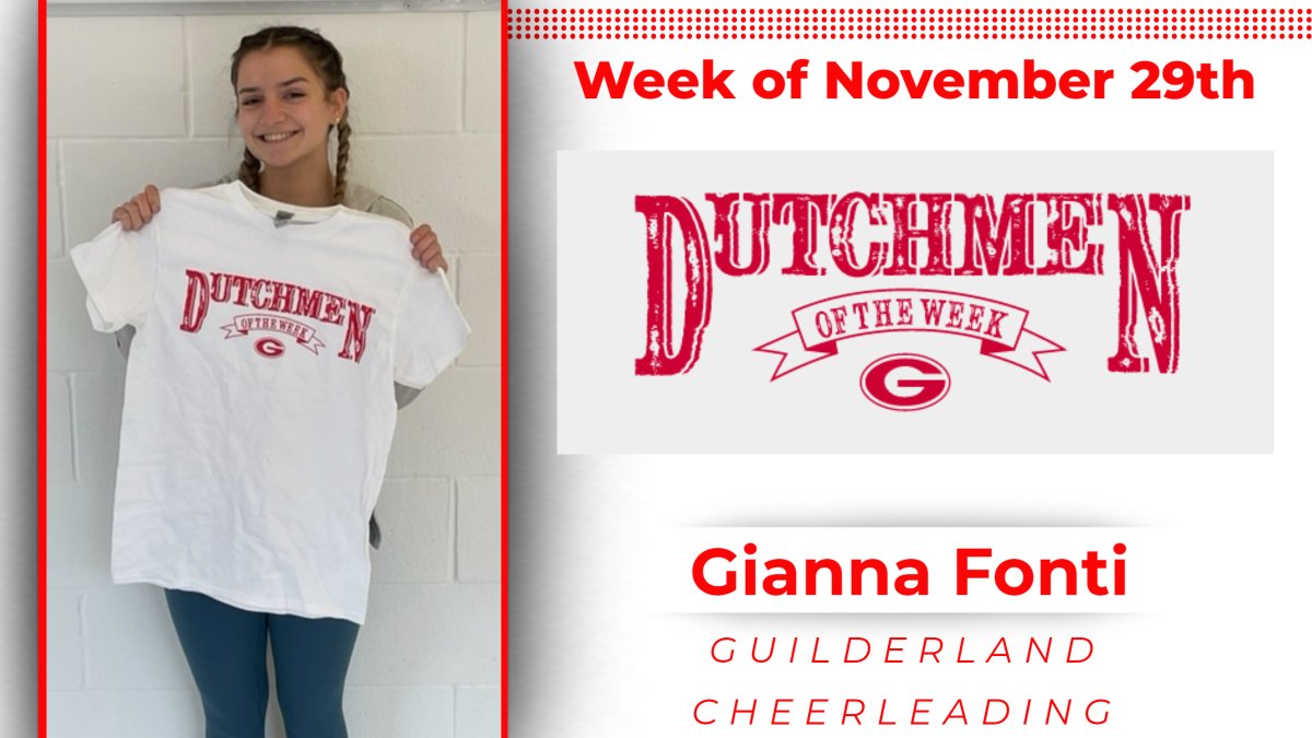 GoDutchAthletix's tweet photo. Congrats to Gianna Fonti, our DOW for the week of 11/29. Gianna works hard at being a leader on her team. She comes in early to help out the new cheerleaders and is always one of the last to leave. She puts everything she has into every practice.

@GuilderlandCSD https://t.co/8YW4uhNLhC