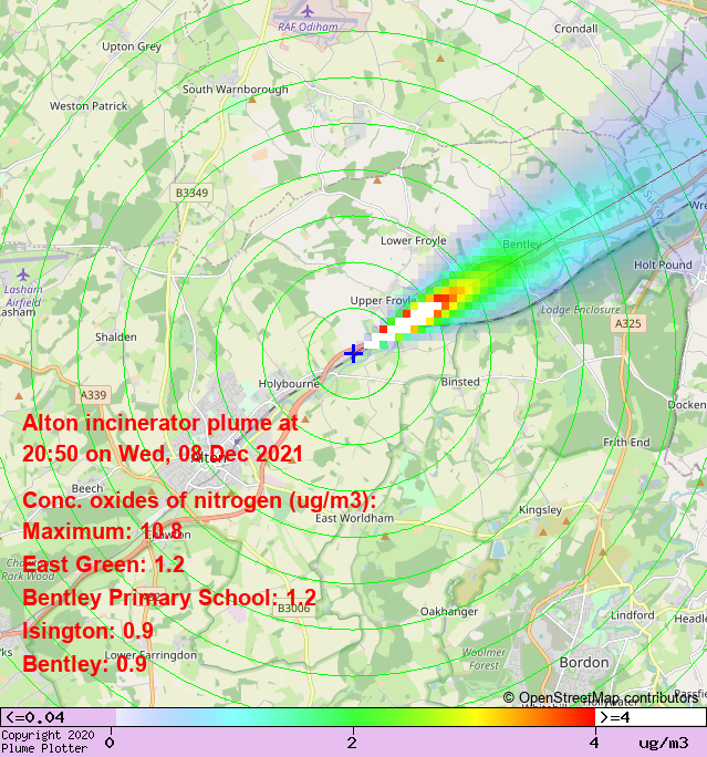plumeplotter's tweet photo. Latest Alton incinerator plume plot, 20:50 08/12/21 #EastGreen #Isington #Bentley https://t.co/VMzYTwGnPN https://t.co/zjkZG6wwxg
