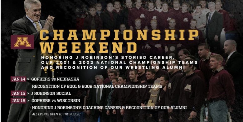 kroberts118's tweet photo. What an excellent opportunity to recognize and remember The 2001 &amp; 2002 @NCAAWrestling Champions and the career and legacy of @JRobinson3 . #GopherWrestling https://t.co/WyW1e4M64q