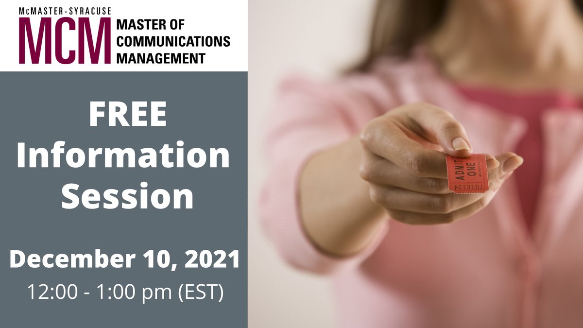 Attention communications leaders! Are you interested in taking your master’s journey in communications management at McMaster? Join our free online information session with the Program Director on Friday, Dec 10th at 12:00 pm (EST). To register, email: mcmcomms@mcmaster.ca