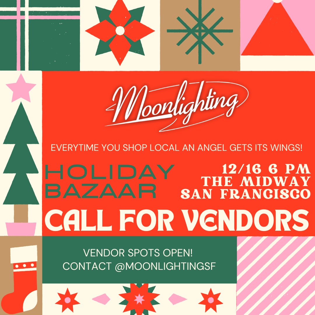 Vendor spots are still available for our Holiday Bazaar market! Vendors: shoot us a message! Moonlighting fam- wanna see your favorite vendors there? Tag them below! 
#moonlighting #maskuptogetdown #sf #sfevent #bayareaevent #moonlightingsf #varietyshow #sfvendor #bayareavendor