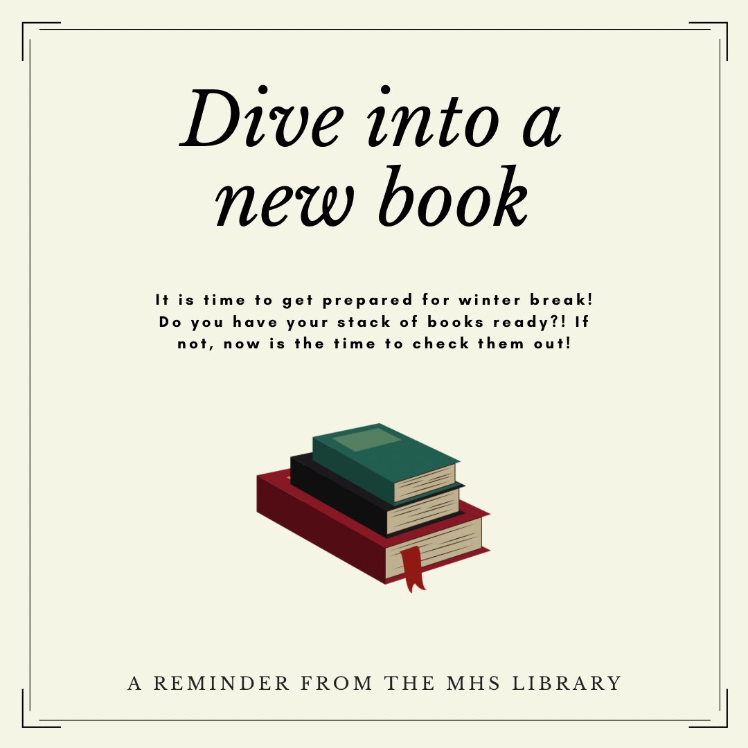 MHSWLibrary's tweet image. It’s time to start thinking about the books that you’ll want over break. Stop by this next week to see what books are calling your name!