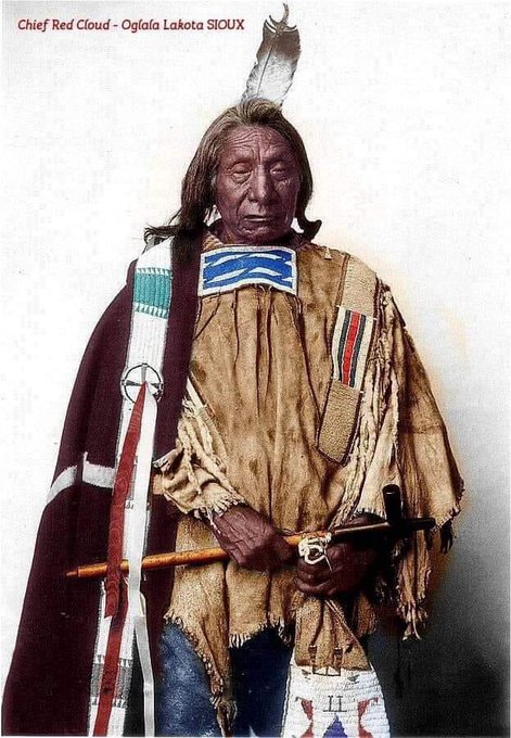 This stunning colorization of our reverent Chief Red Cloud really brings out his somber, infinite sorrow. The look of a man who was promised everything by the U.S. — and was given absolutely nothing — but a trail of broken treaties.