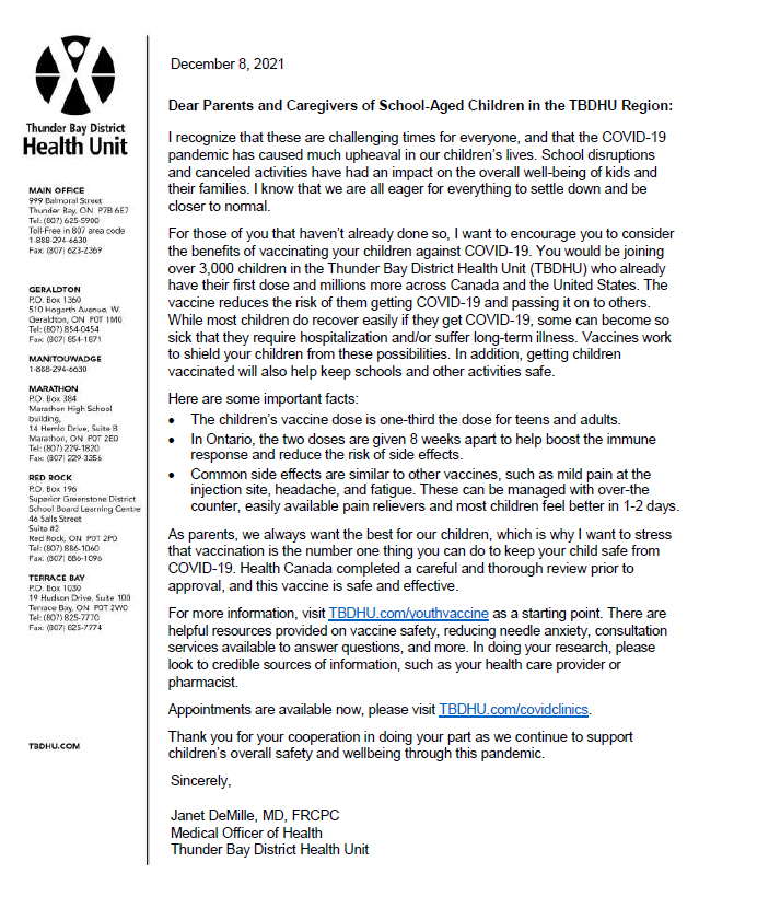 TBDHealthUnit's tweet photo. The Medical Officer of Health has issued a letter to Parents and Caregivers of School-Aged Children in the TBDHU Region.

Read on our website: https://t.co/E4ARCwufPf #TBay https://t.co/iOsASGIf16