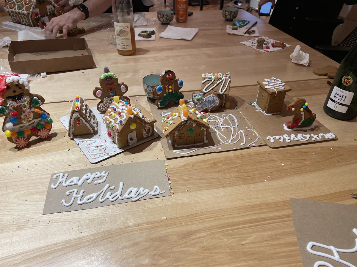 prec_analytics's tweet image. PA team celebrating our first all hands meeting since going remote. What do we do? Decorate gingerbread houses!