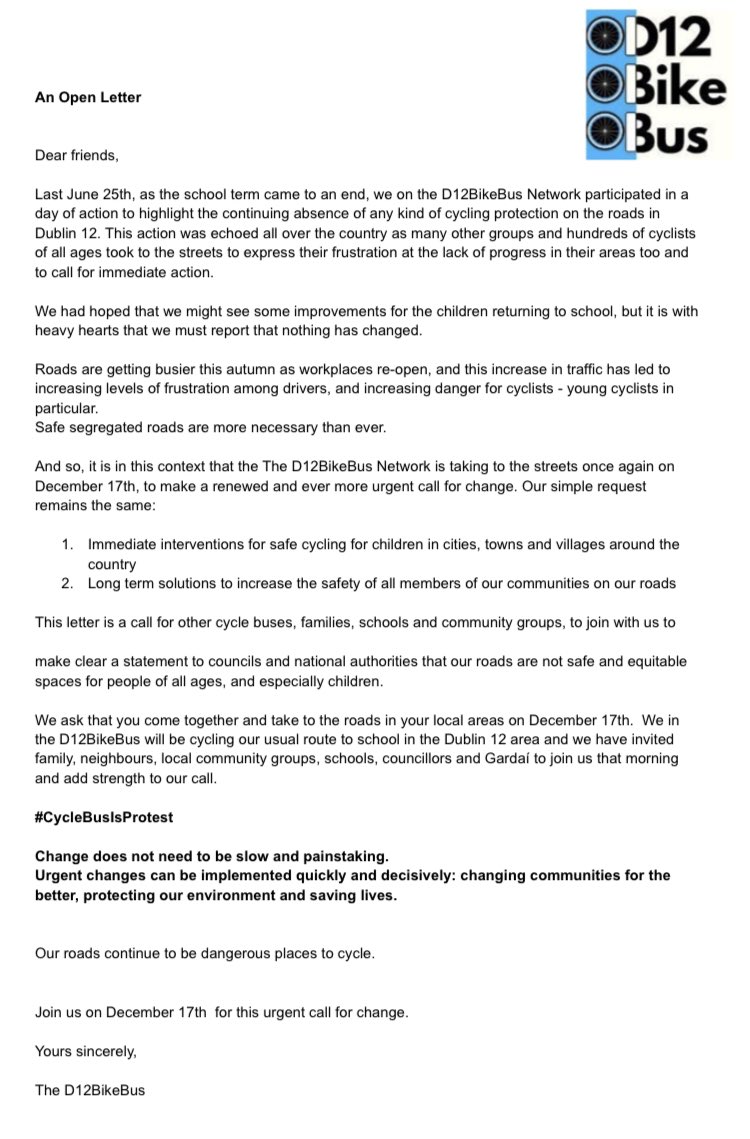 D12BikeBus's tweet image. A call for support, from the @D12BikeBus Network. 

We had hoped last summer for immediate action and plans for long term solutions, to make our way to school safer and easier. 

This has not happened. As such we need to take action.

Join Us - December 17th

#CycleBusIsProtest