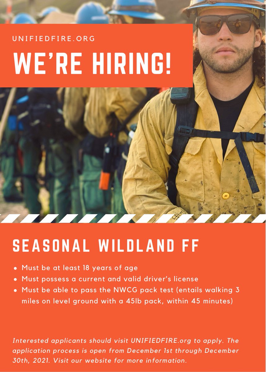 The application window for joining our wildland program is open now until December 30th, 2021.

Tag someone who may be interested in this life-changing opportunity!

Apply Here: applicantpro.com/openings/unifi…

For more information, please visit: unifiedfire.org/becoming-a-wil…