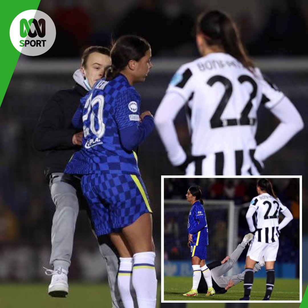 abcsport's tweet photo. So a pitch invader ran onto the field during Chelsea Womens' Champions League tie with Juventus.

Sam Kerr dropped her shoulder into him, and put him on his backside -- she was booked as a result.

Makes you proud to be an Australian... 🐐 https://t.co/IHCrevMI6t