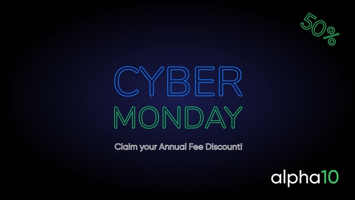 alpha10_trade's tweet photo. Are you late for #BlackFriday? You have a second chance! — meet #CyberMonday on https://t.co/LeF3LE3CRw!

Do not miss the one-week offer and claim your 50% annual fee #discount. 

Deposit your funds now and enjoy a nice chunk of the Cyber Monday pie💚

#investing #trading #crypto https://t.co/bQj6ngvjLn