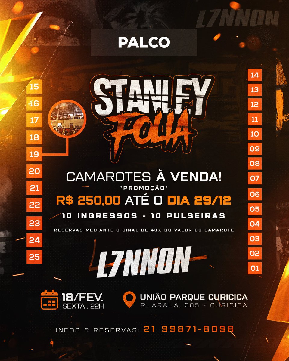 Stanley Folia : Dia 18 de Fevereiro : Show do L7NNON : União Parque Curicica. 

A cara do freio da blazer,hj ela quer tá do lado 🎵🎵

Camarotes em Promoção, até o dia 29/12 - $250 WhatsApp: 21 99871-8098.