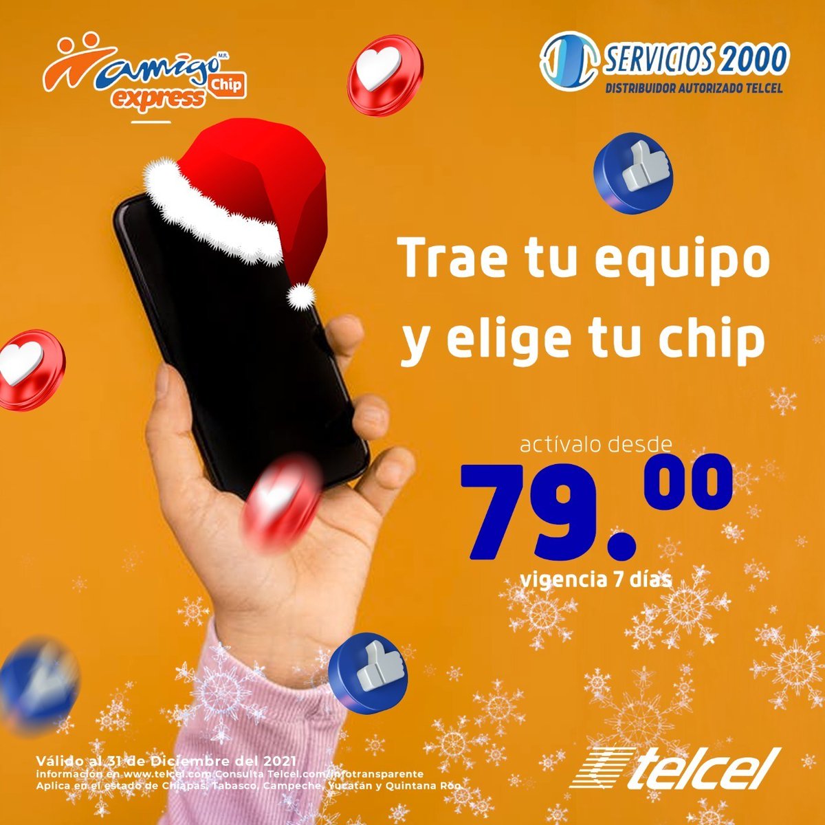 telcelS2000's tweet photo. Activa tu Chip desde $79.00 pesos y navega sin límite en la mejor Red! 🤩🎅🏻

➡️ 400 MB para navegar.
➡️ WhatsApp incluido.
➡️ 500 MB para Facebook, Messenger, Twiter,Snapchat, Instagram
➡️ Minutos y mensajes ilimitados.

📱Visítanos nuestra sucursal.📍
#Servicios2000 #Telcel https://t.co/g5LRkKa4IJ